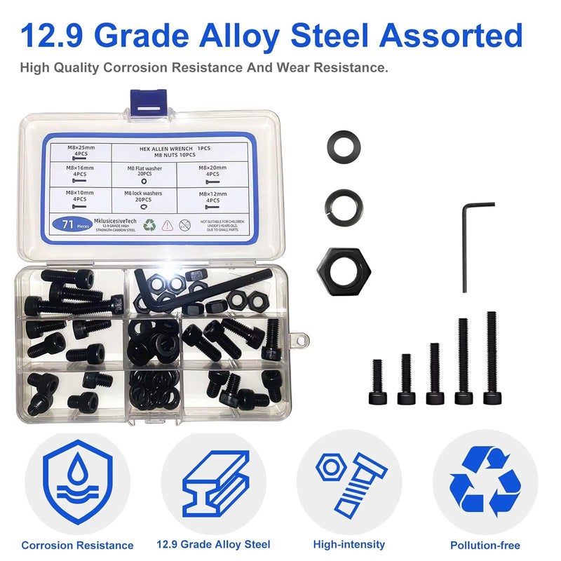 MklusiveTech 71Pcs M8 Screw Kit - 12.9 Grade Carbon Steel M8 Screws, Bolts, Nuts Assortment for DIY, 3D Printing, Automotive, Electronics (10-25mm, Black) (71Pcs Socket Head （10mm-25mm）) - Image 5